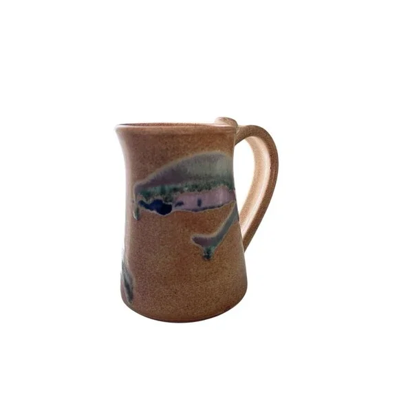 Hand thrown Studio Pottery Drip Paint Earthernware Mug Large Thumb Clay Neutral - Picture 3 of 7